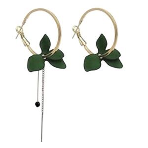 Mismatch Resin Green Flower Dangle Gold Hoop Drop Earrings